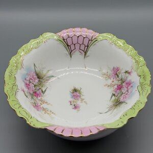Antique Hand Painted Porcelain 10” Serving Bowl Pink Green Gilt Floral